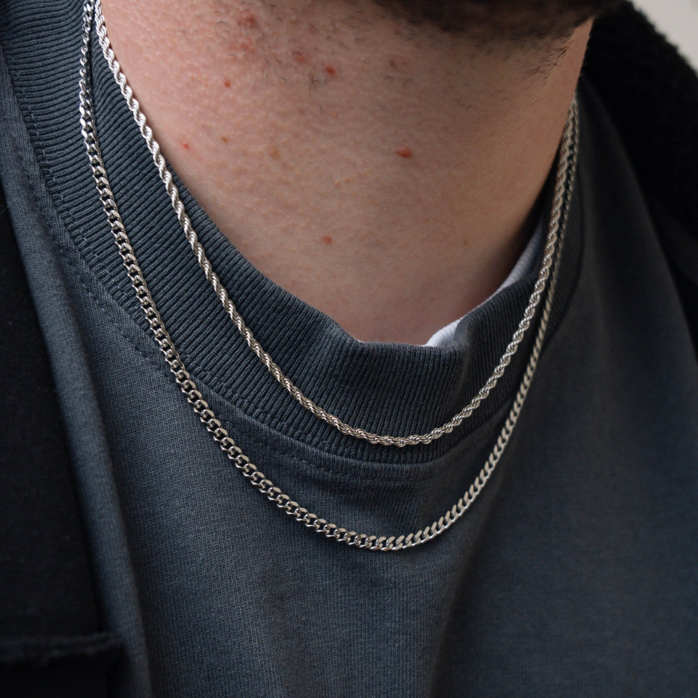 Silver Cuban + Rope Stack Chain Necklace Set For Men By Twistedpendant