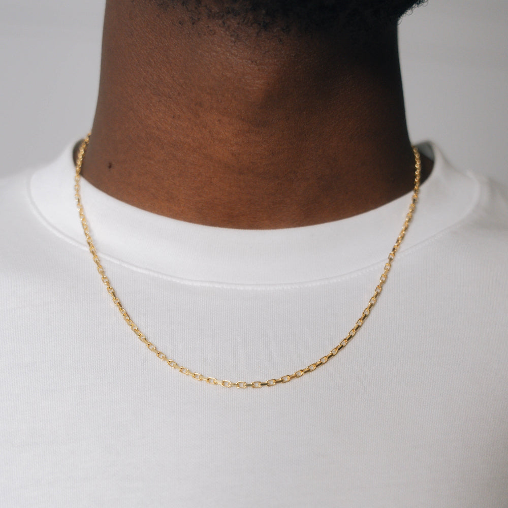 Gold chain necklace on a person wearing a white shirt against a gray background