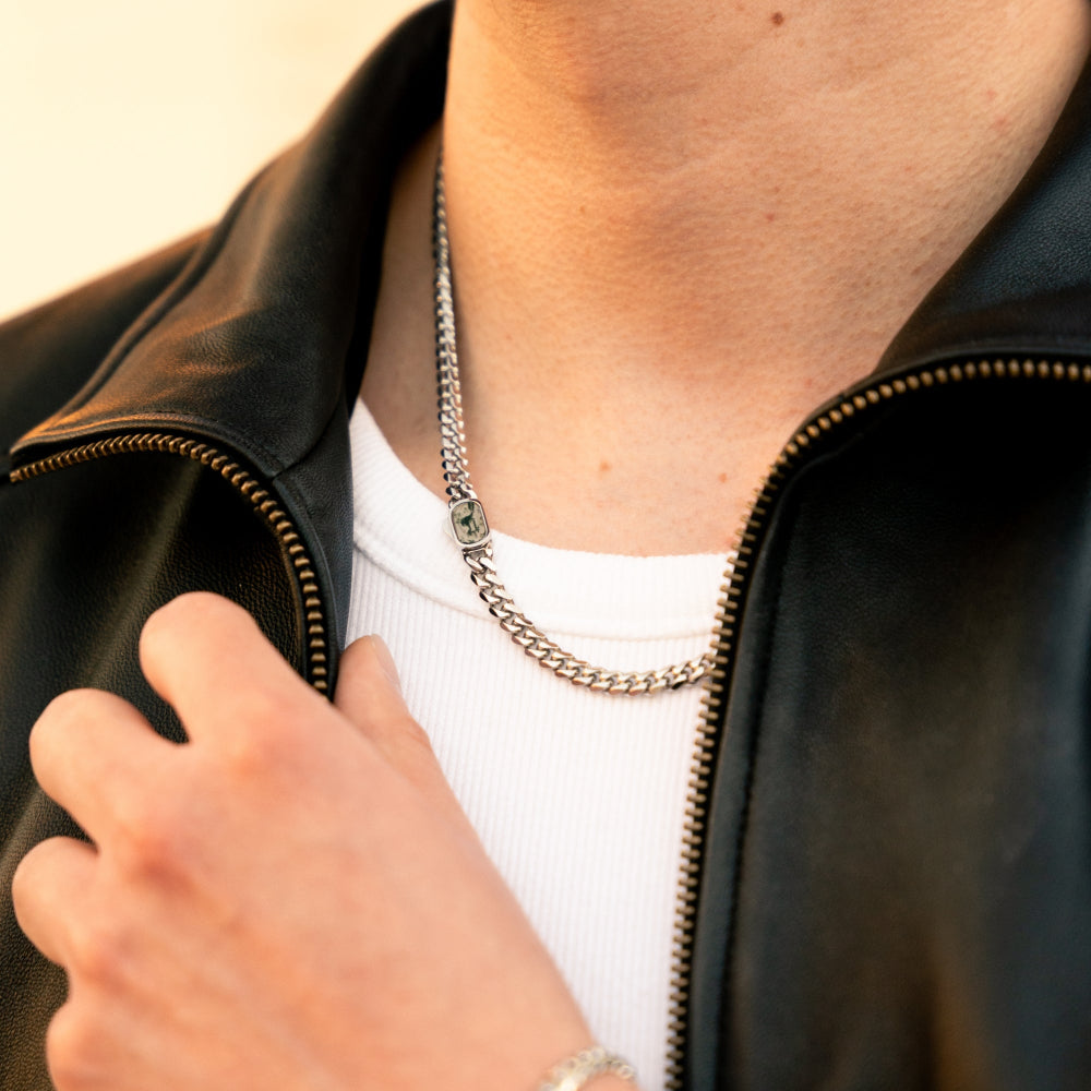 Moss Agate Cuban Chain (5MM) - Silver