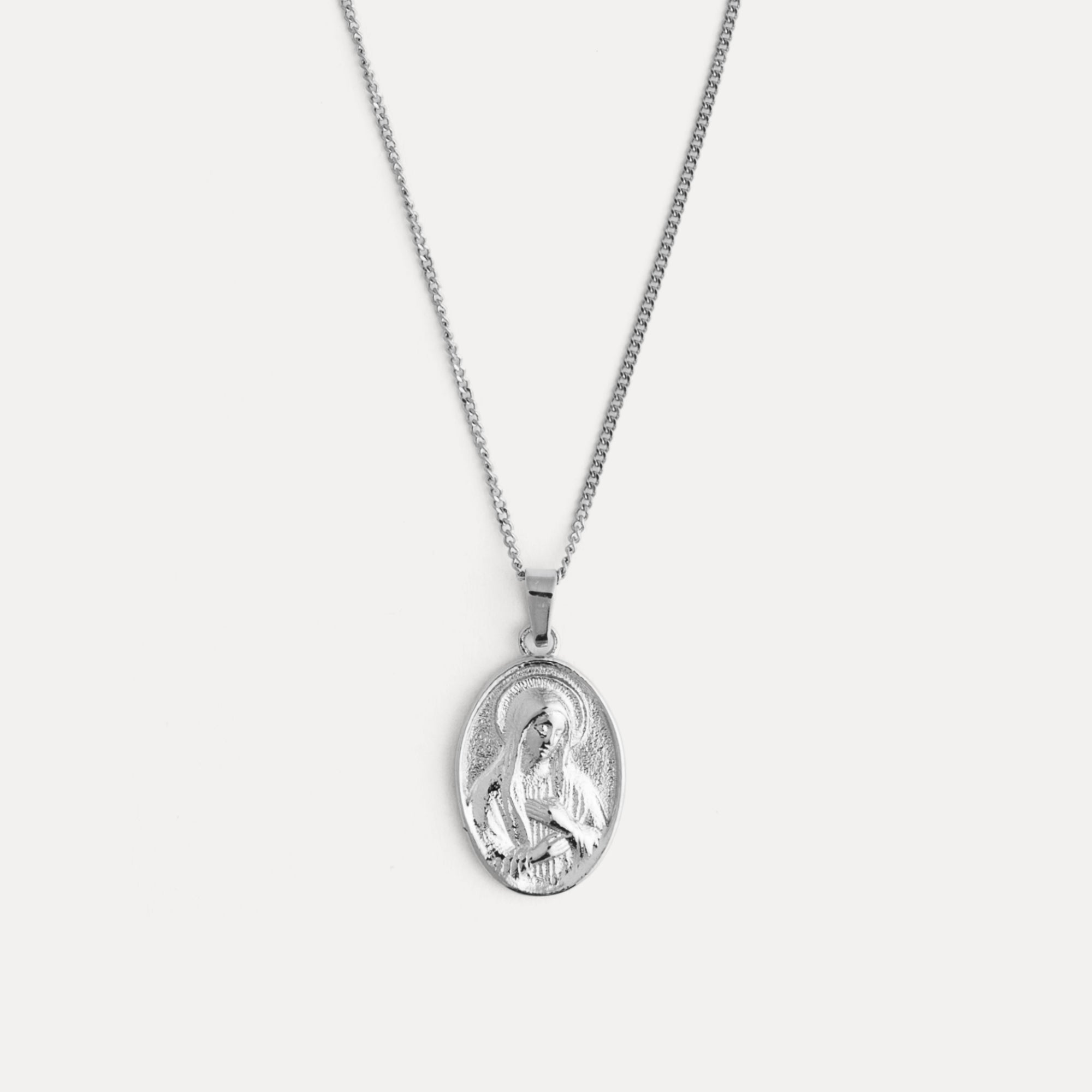 Silver necklace with a pendant on a white background