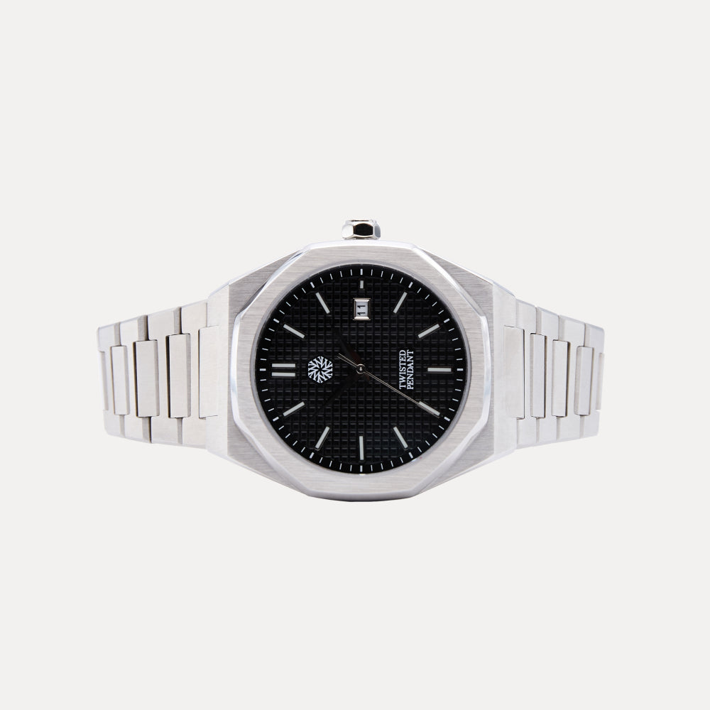 Silver watch with black face on a white background