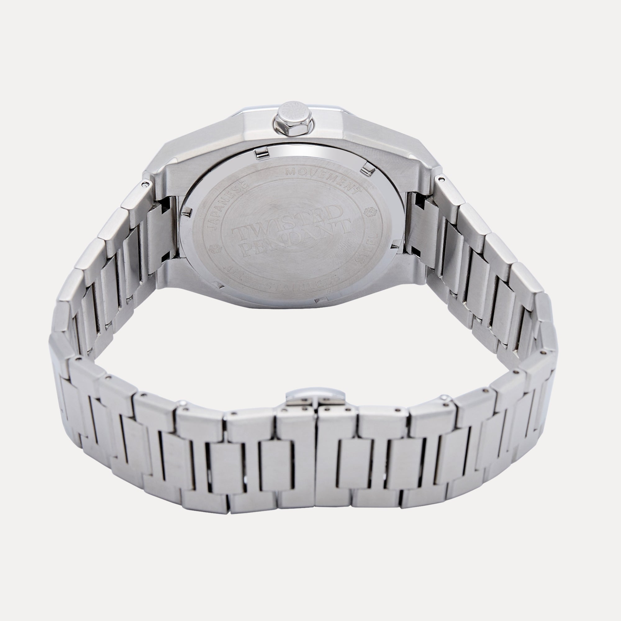 Silver watch with metal band on a white background