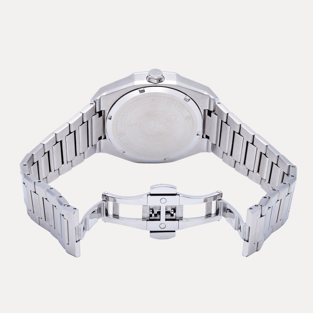 Silver watch with metal band on a white background