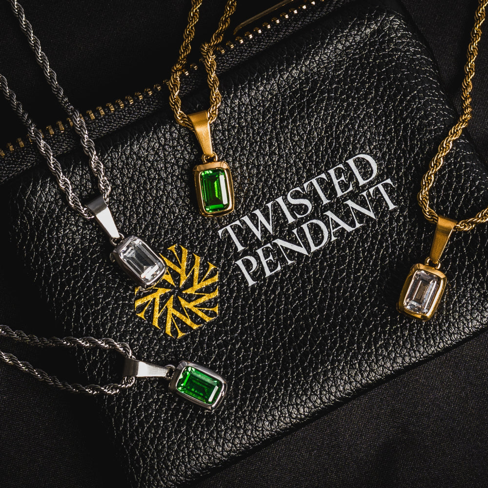Three pendants on a black surface with 'Twisted Pendant' branding.
