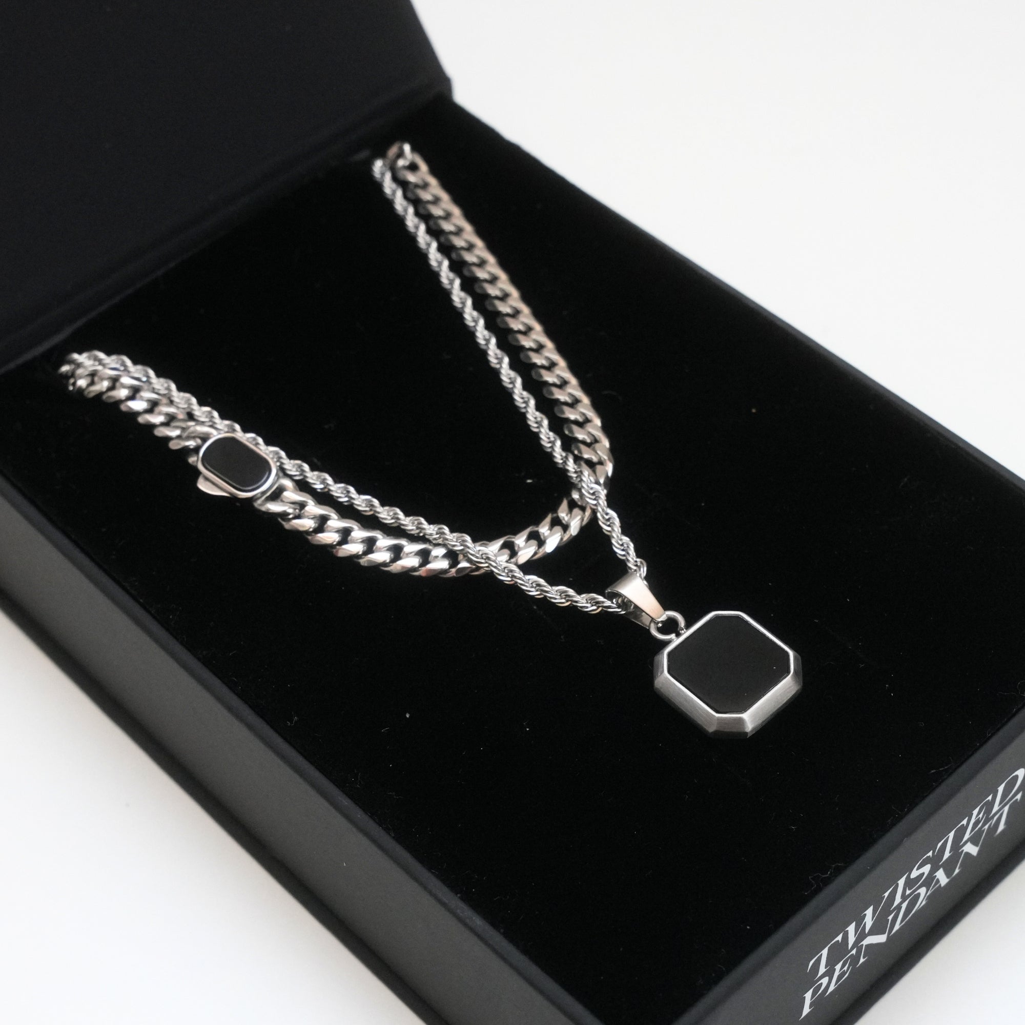 Onyx Cuban Necklace Set (Silver)