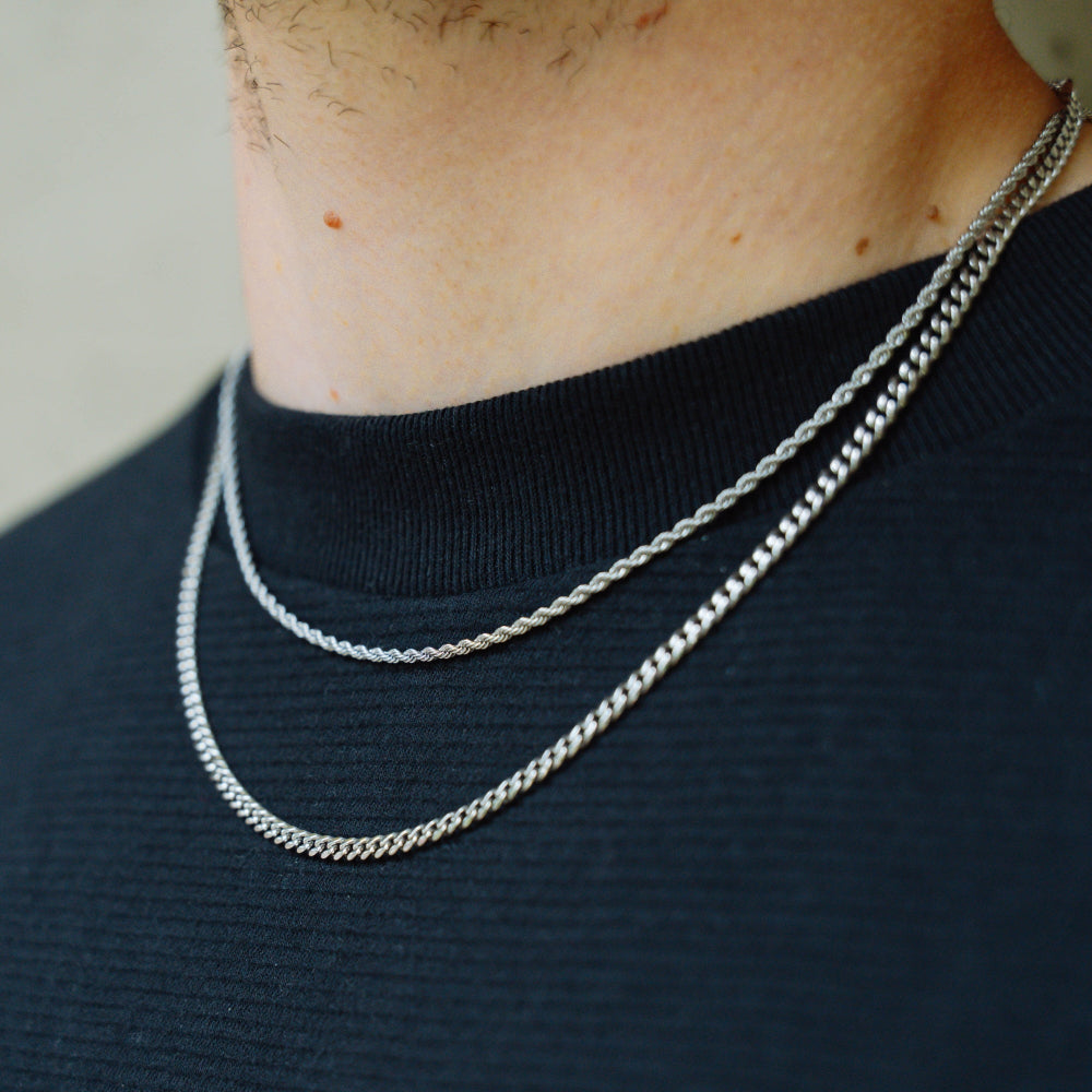 Silver Cuban + Rope Stack Chain Necklace Set For Men By Twistedpendant