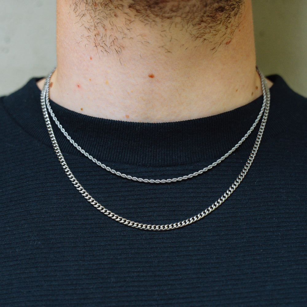 Silver Cuban + Rope Stack Chain Necklace Set For Men By Twistedpendant