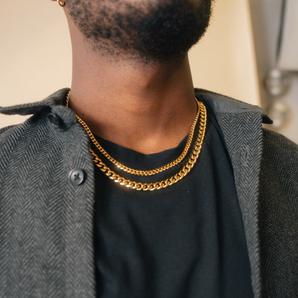 Person wearing a gold chain necklace with a neutral background