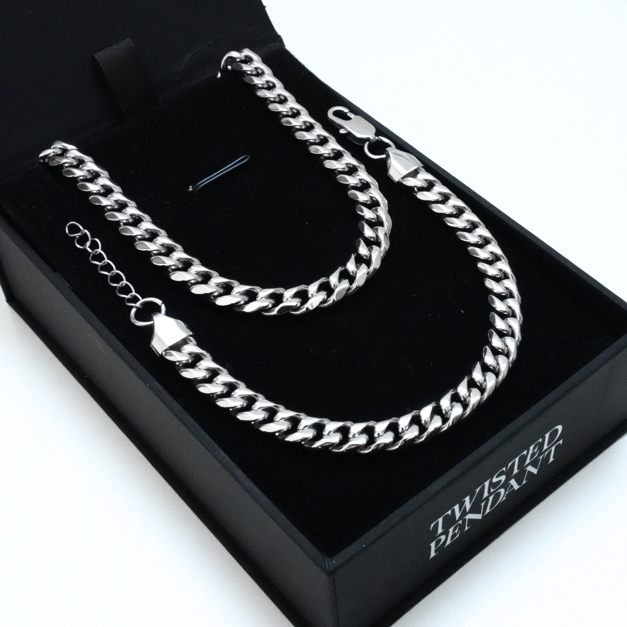 Silver Cuban Chain & Bracelet (8MM) - Gift Sets For Men - By Twistedpendant