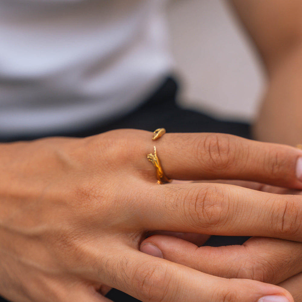 Close-up of a hand wearing a gold ring with a blurred background