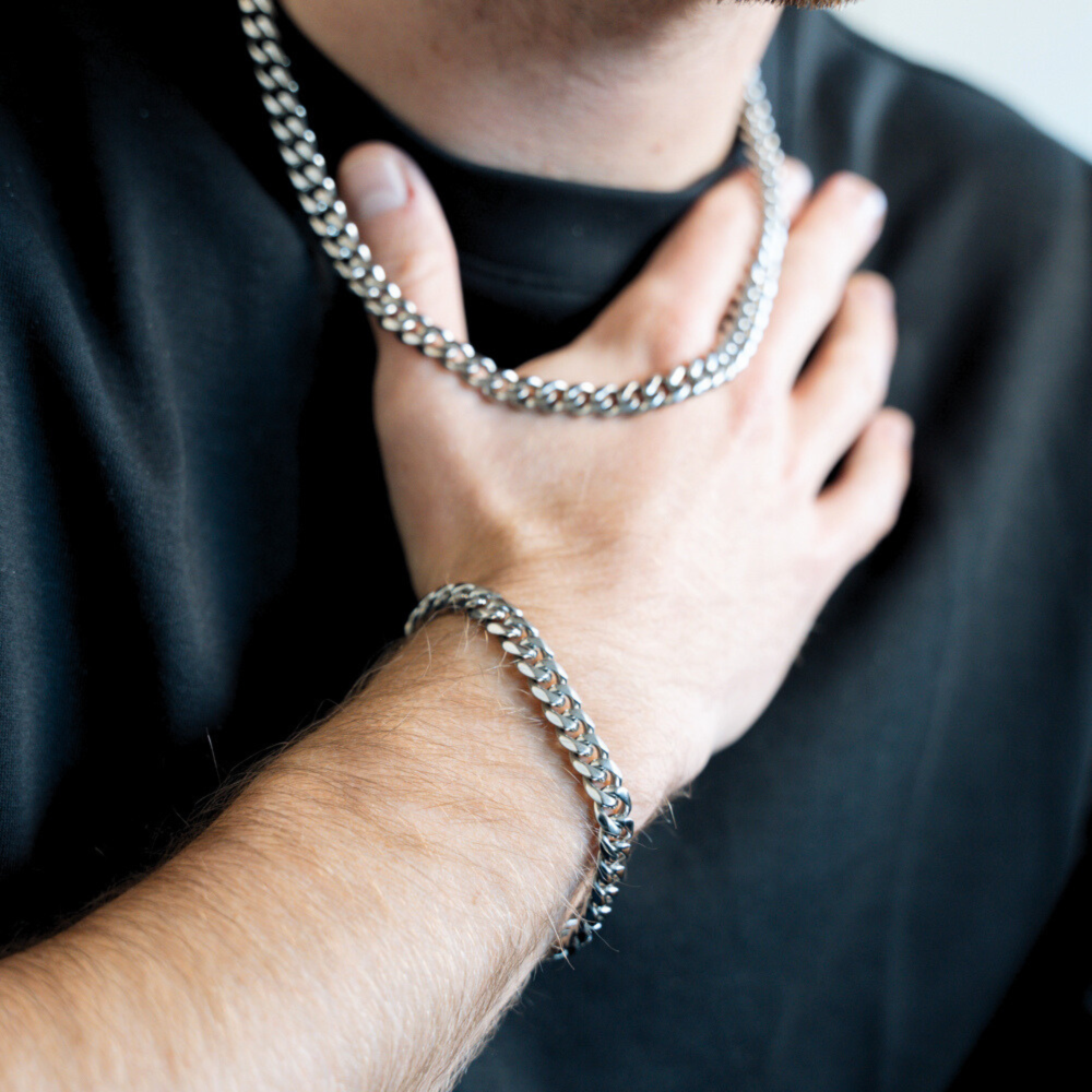 Silver Cuban Chain & Bracelet (8MM) - Gift Sets For Men - By Twistedpendant