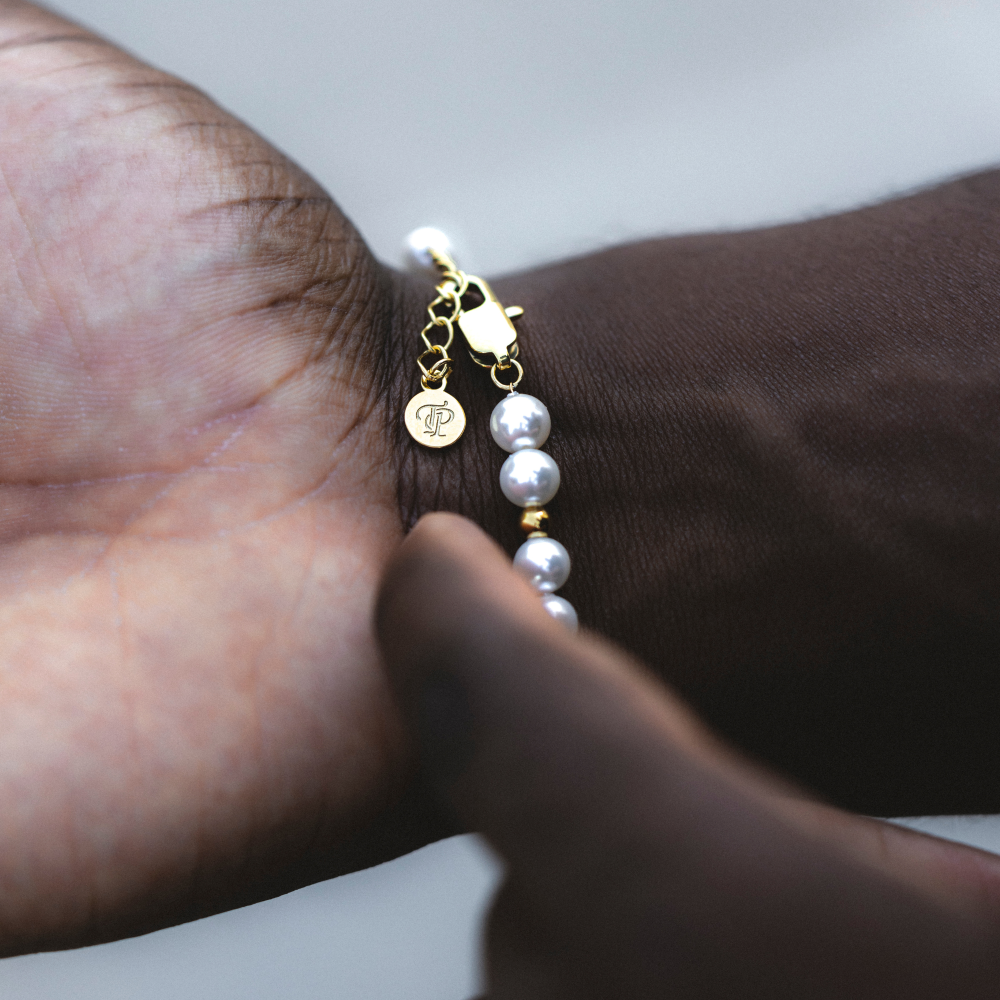 Gold Bead & Pearl Bracelet Chain (6MM) - Men's Pearl Bracelet | Twistedpendant