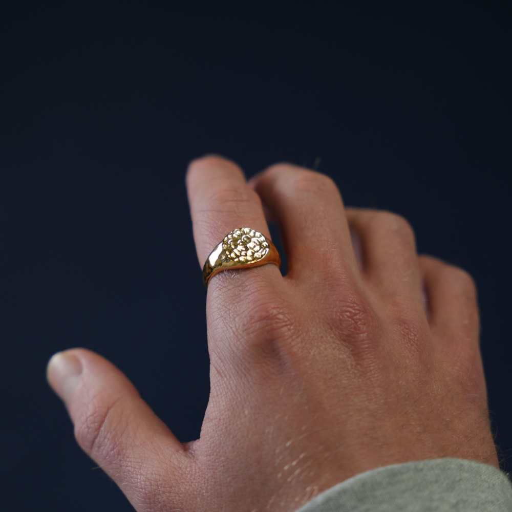 Gold Hammered Signet Ring for Men | Twisted Pendant