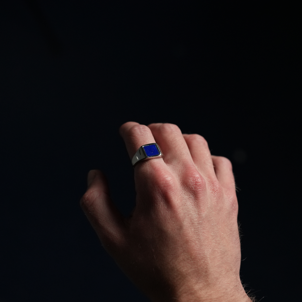 Mens Rings - Silver Square Lapis Lazuli Signet Ring - By Twistedpendant