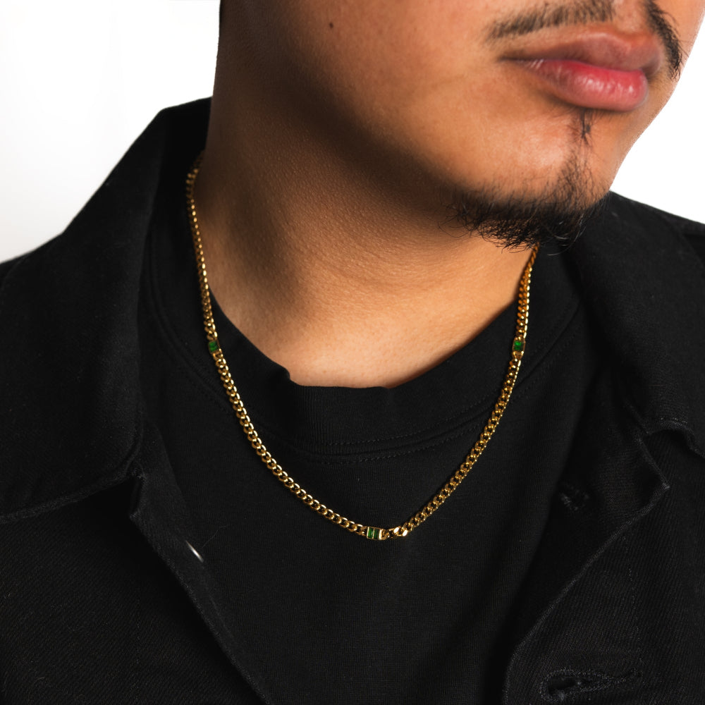 Man wearing a gold chain necklace against a white background