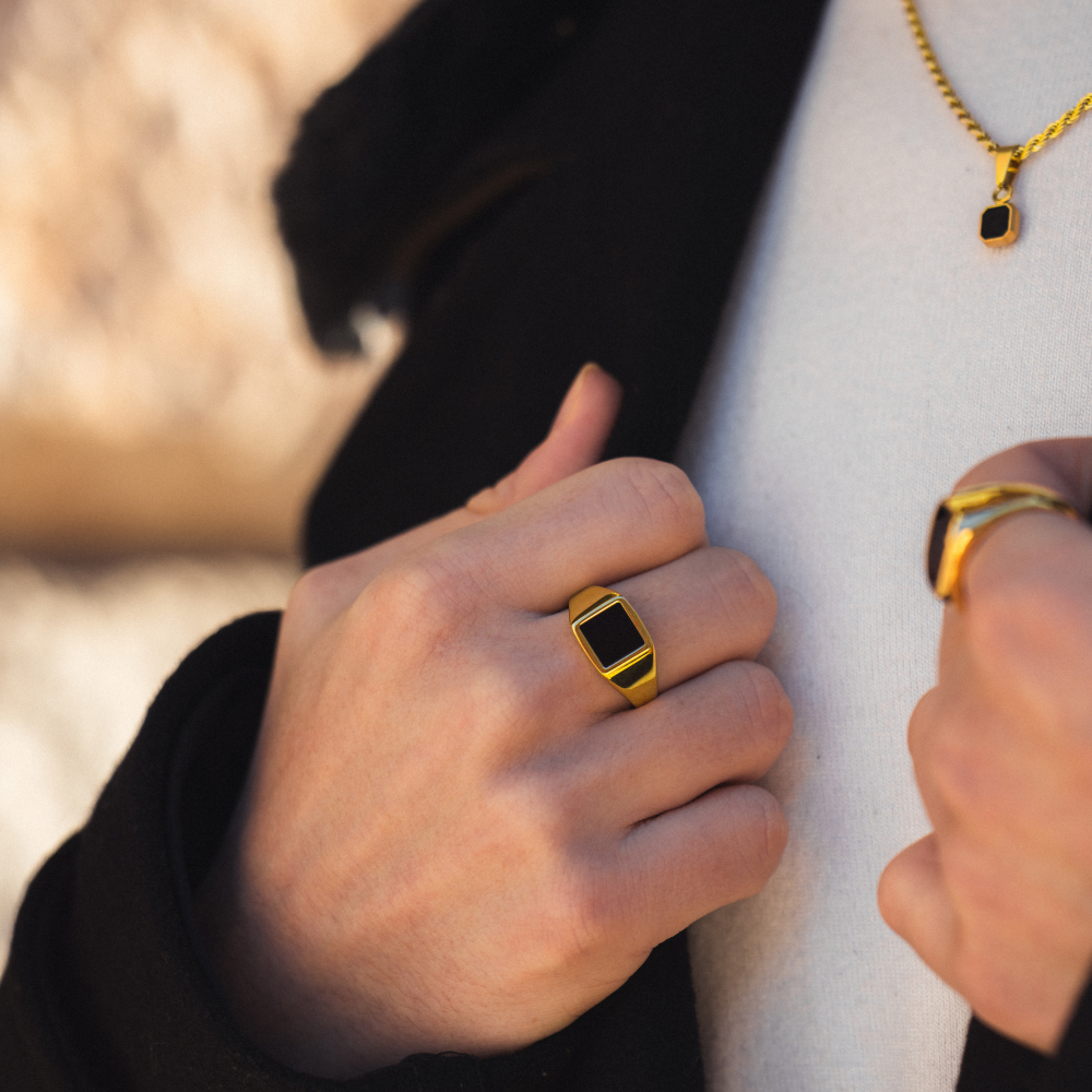 Mens Rings - Gold Square Onyx Signet Pinky Ring - By Twistedpendant