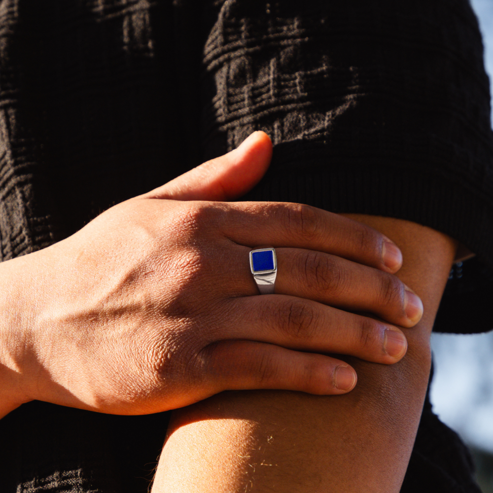 Mens Rings - Silver Square Lapis Lazuli Signet Ring - By Twistedpendant