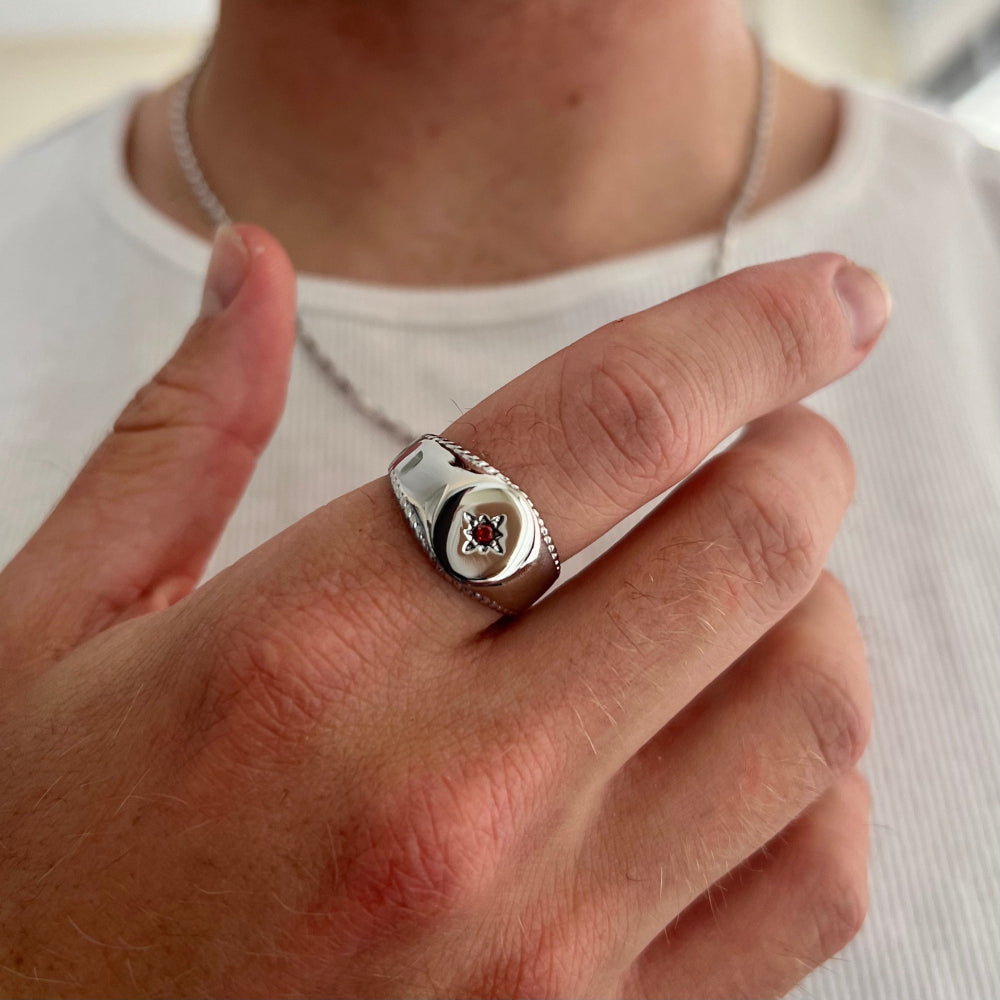 Hand wearing a silver ring with a red stone on a white background