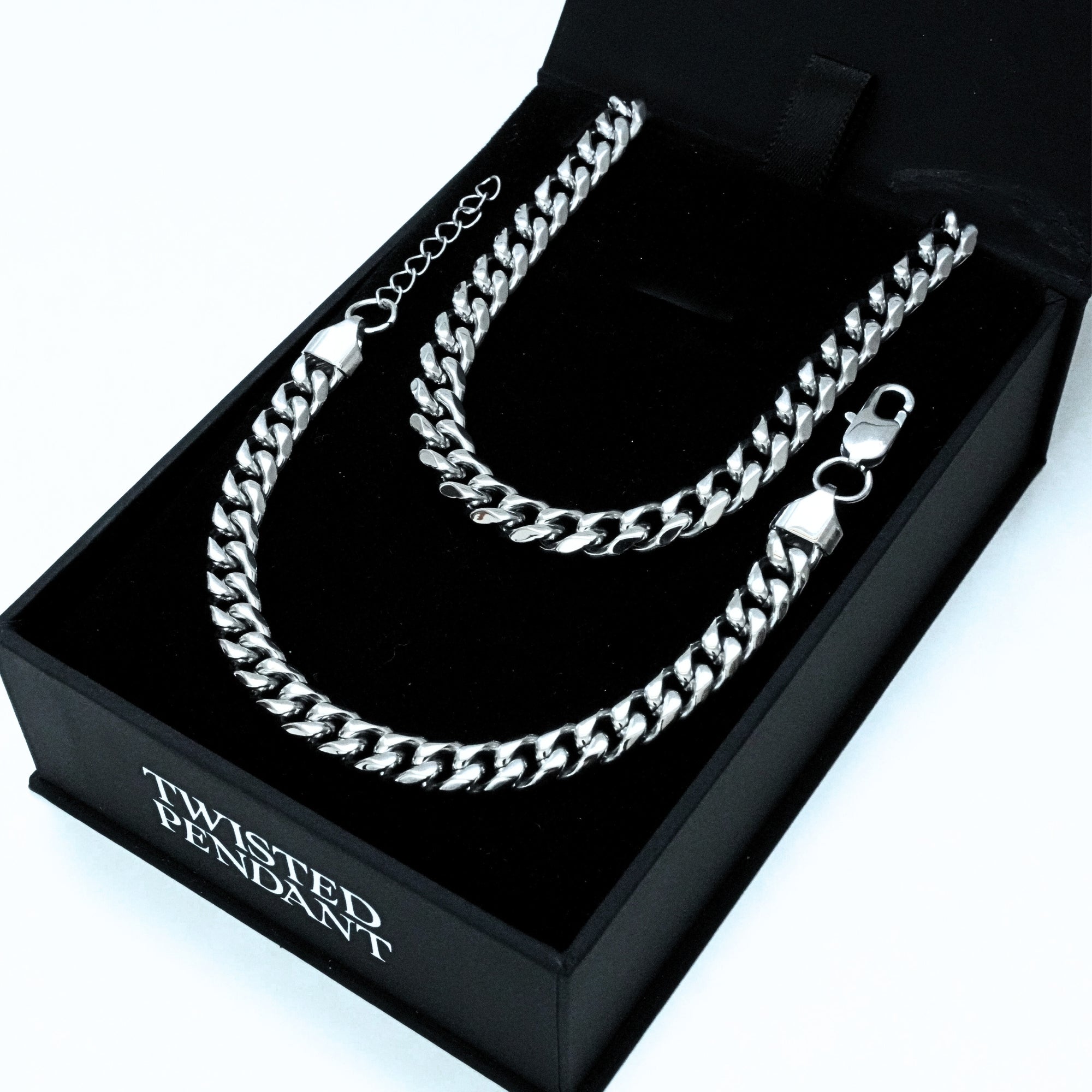 Silver Cuban Chain & Bracelet (8MM) - Gift Sets For Men - By Twistedpendant