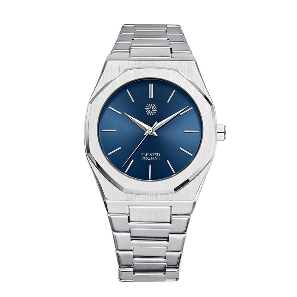 Mens Silver & Navy Watch - Silver Watches For Men - By Twistedpendant