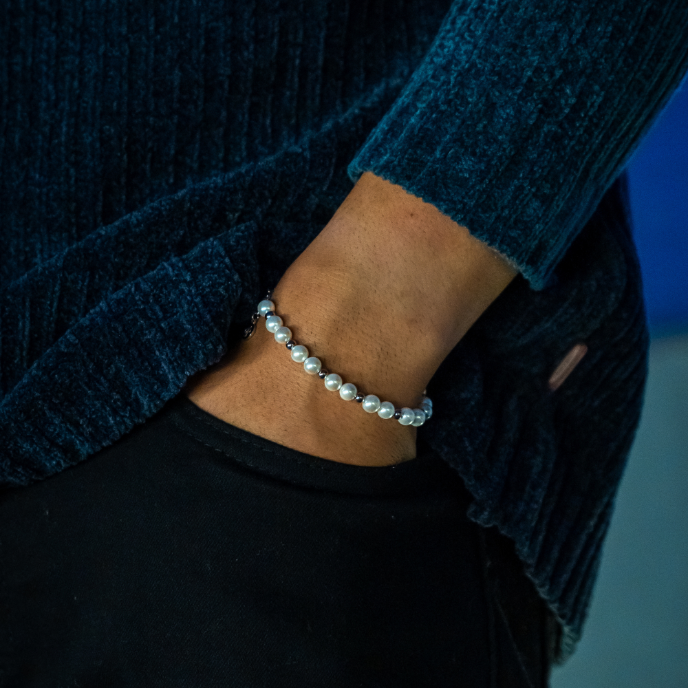 Silver Bead & Pearl Bracelet Chain (6MM) - Men's Pearl Bracelet | Twistedpendant