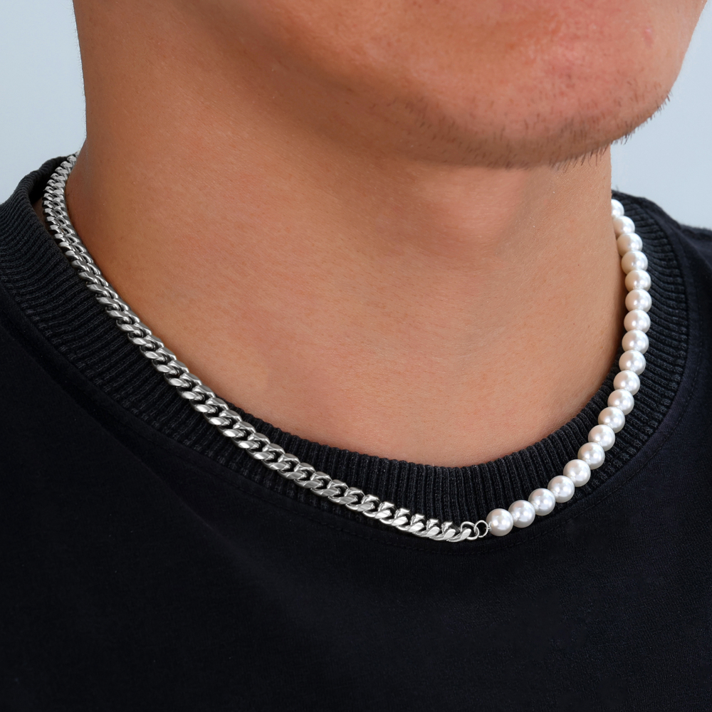 Half Pearl Half Silver Cuban (8MM) - Pearl Necklace Men | Twistedpendant