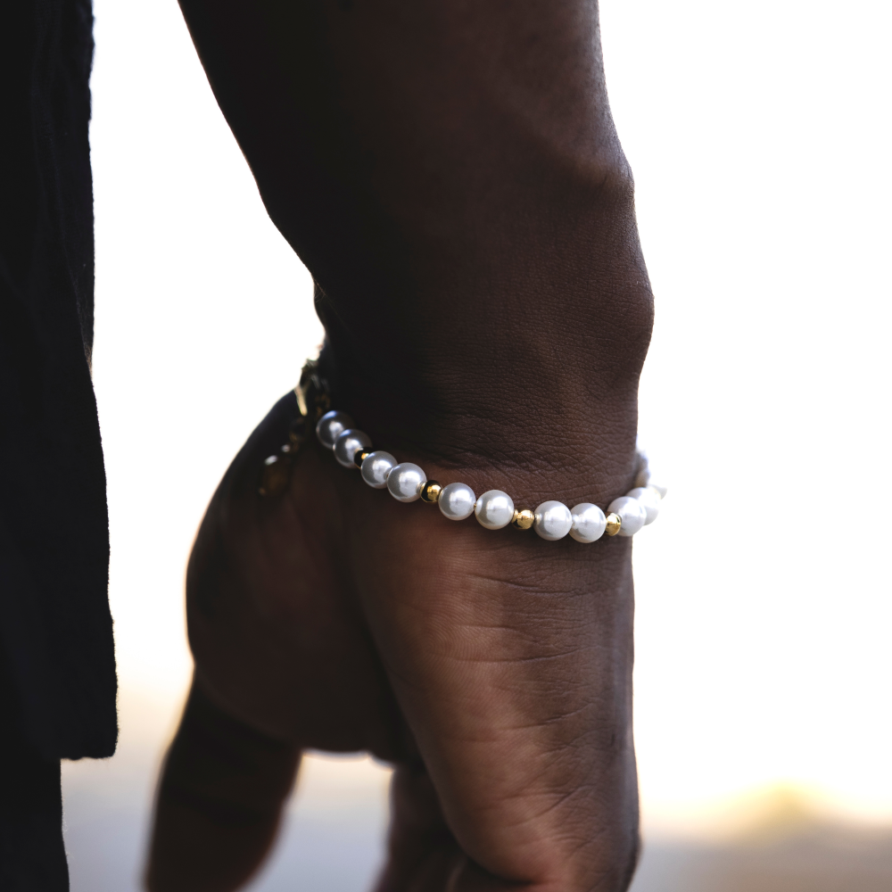 Gold Bead & Pearl Bracelet Chain (6MM) - Men's Pearl Bracelet | Twistedpendant