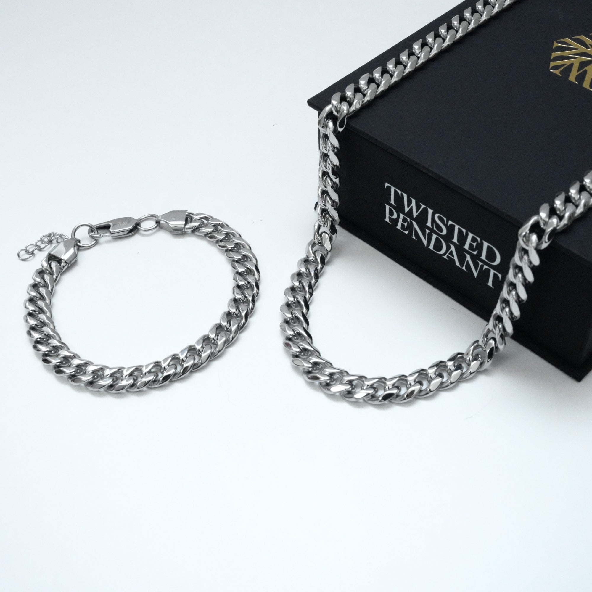 Silver Cuban Chain & Bracelet (8MM) - Gift Sets For Men - By Twistedpendant