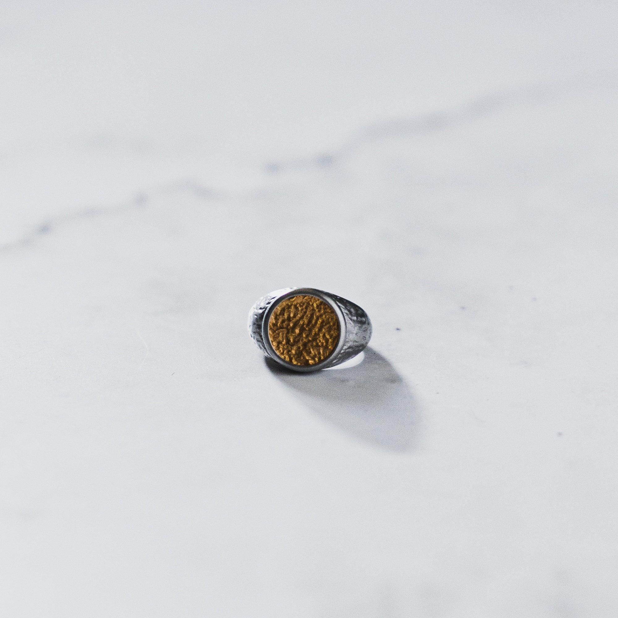 Silver ring with a textured brown center on a light gray background