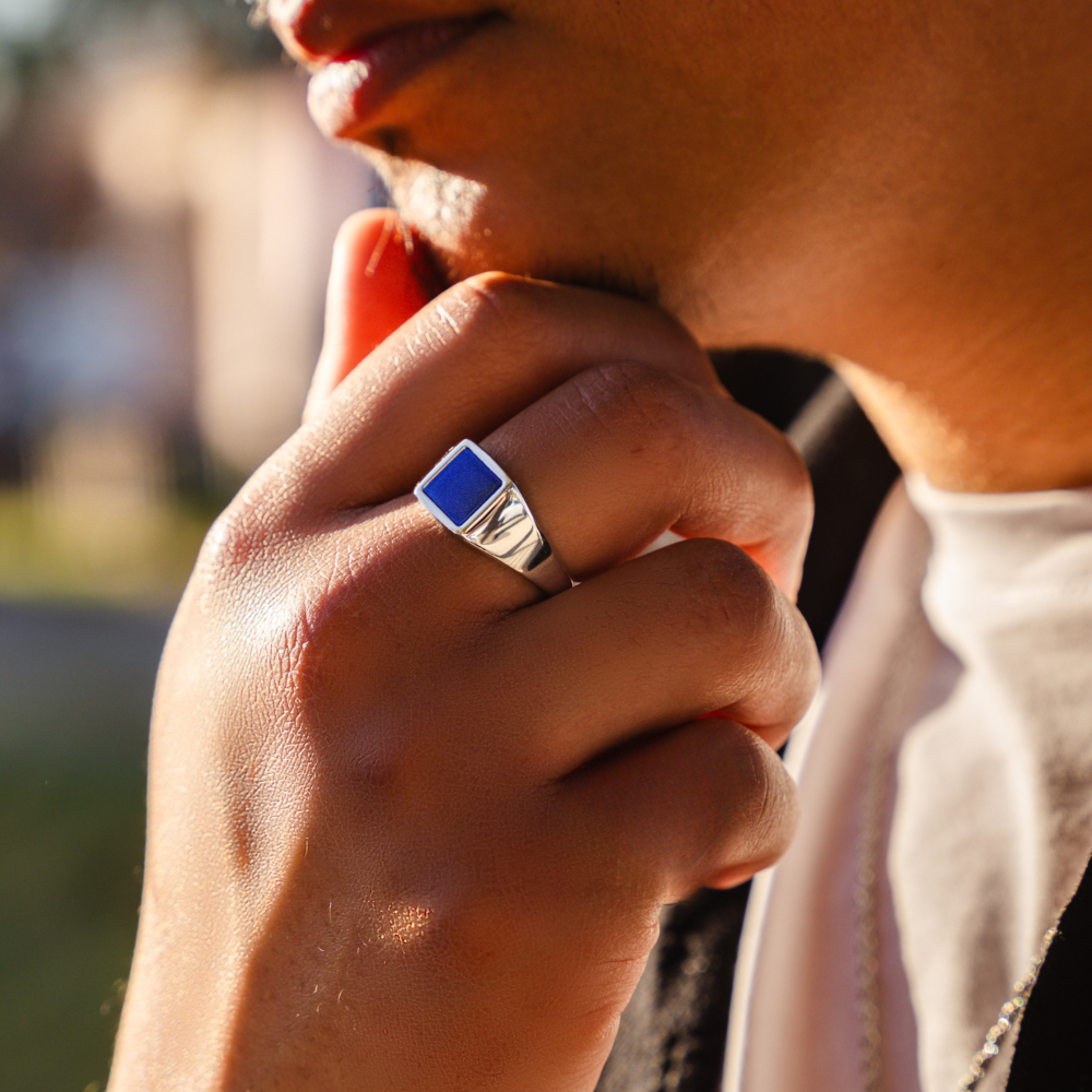 Mens Rings - Silver Square Lapis Lazuli Signet Ring - By Twistedpendant