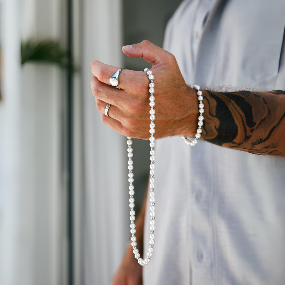 Silver Pearl Necklace Chain - Men's Pearl Necklace | Twistedpendant