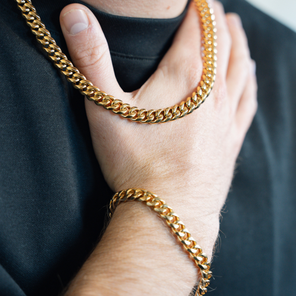 Gold Cuban Chain & Bracelet (8MM) - Gift Sets For Men - By Twistedpendant