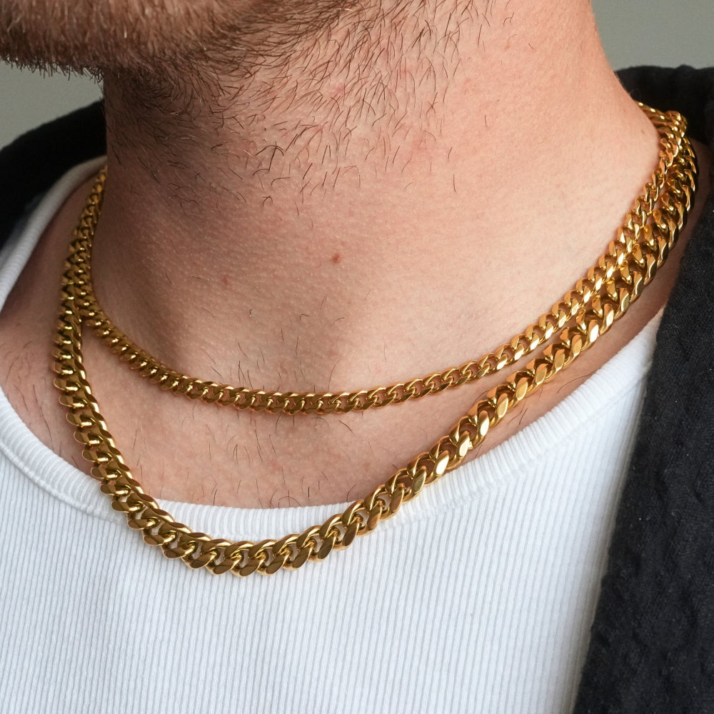 Gold chain necklace worn by a person with a neutral background