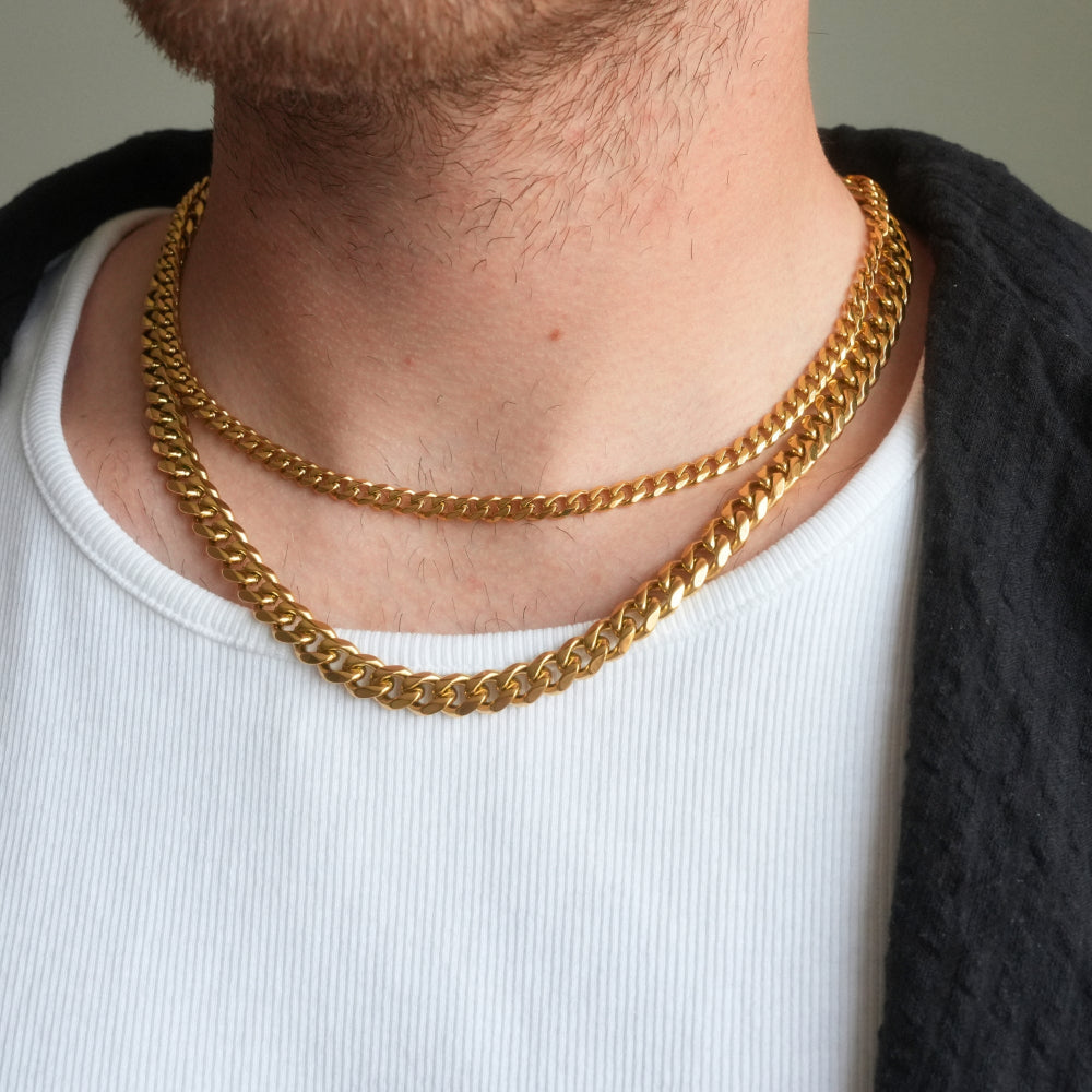 Gold chain necklace on a person wearing a white shirt and dark sweater.