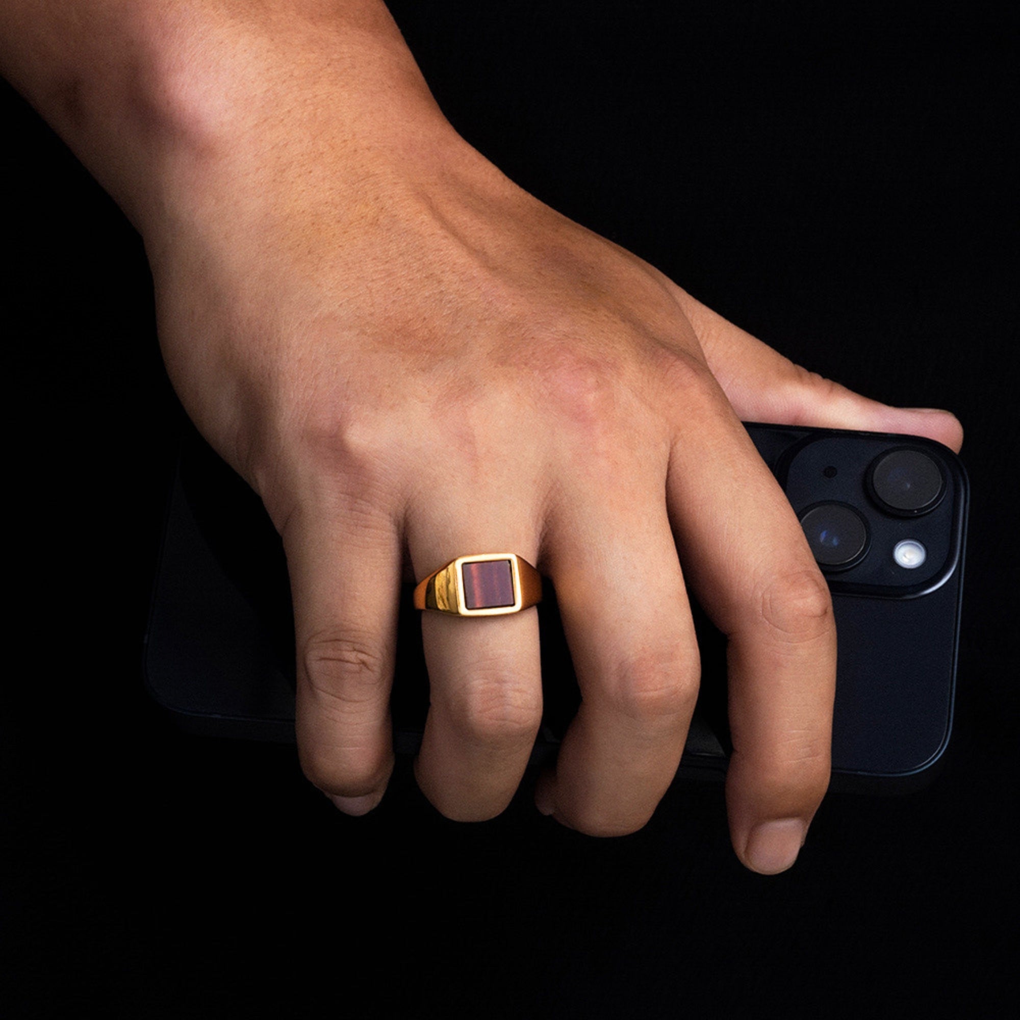 Square Red Tigers Eye Ring - Gold