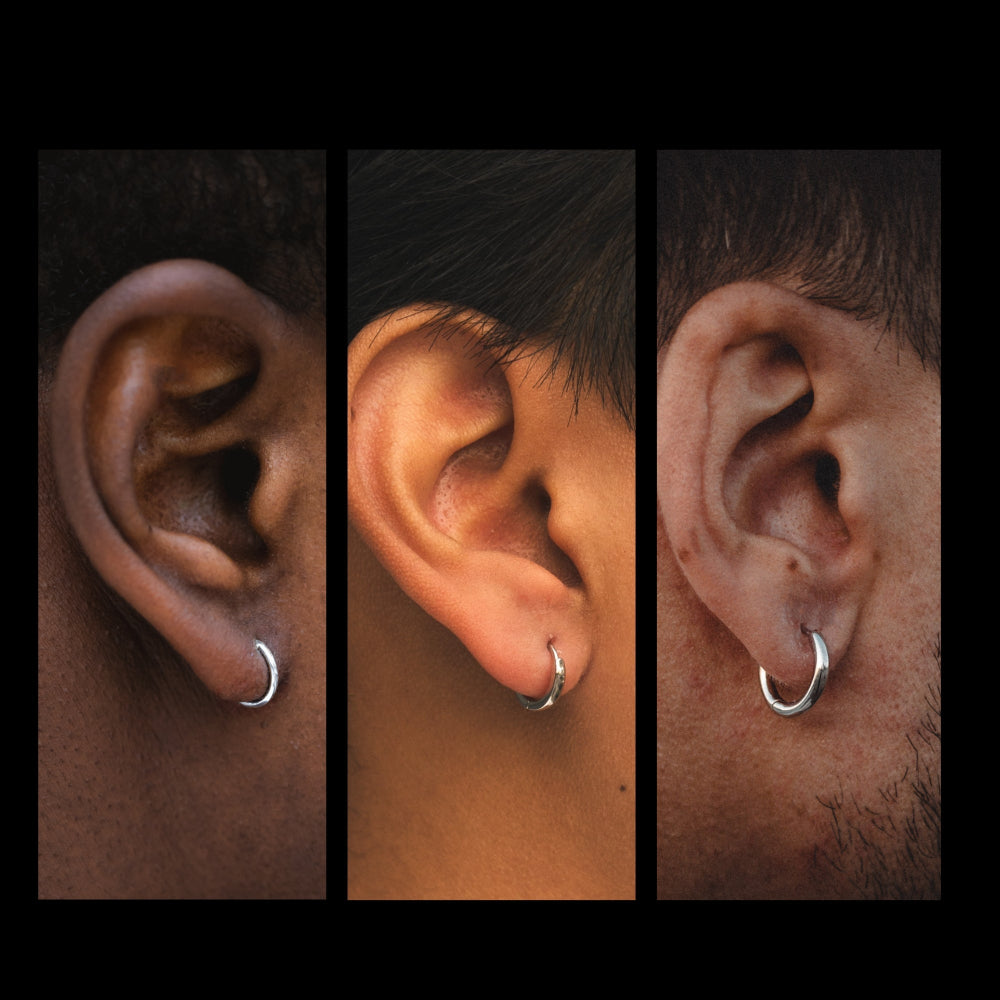 Three close-up views of ears wearing silver hoop earrings.