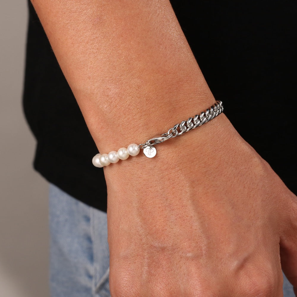 Half Pearl / Gold Cuban Chain - Mens Pearl Bracelet | By Twistedpendant