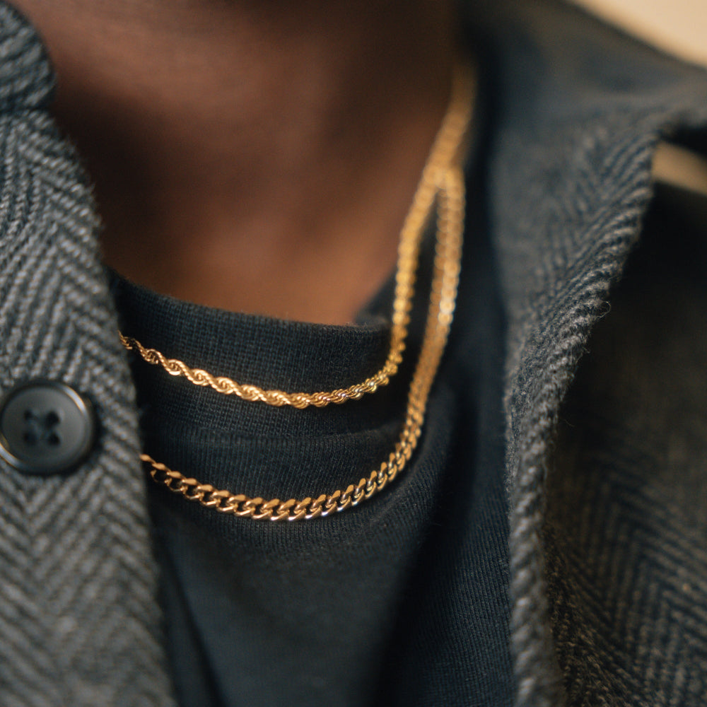 Close-up of a person wearing two gold chains with a textured gray jacket and dark shirt.
