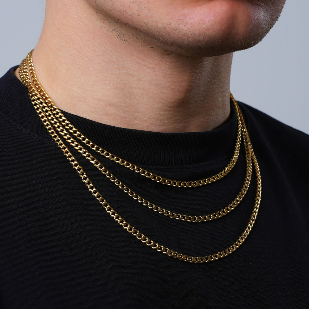 Gold chain necklace on a person wearing a black shirt against a gray background