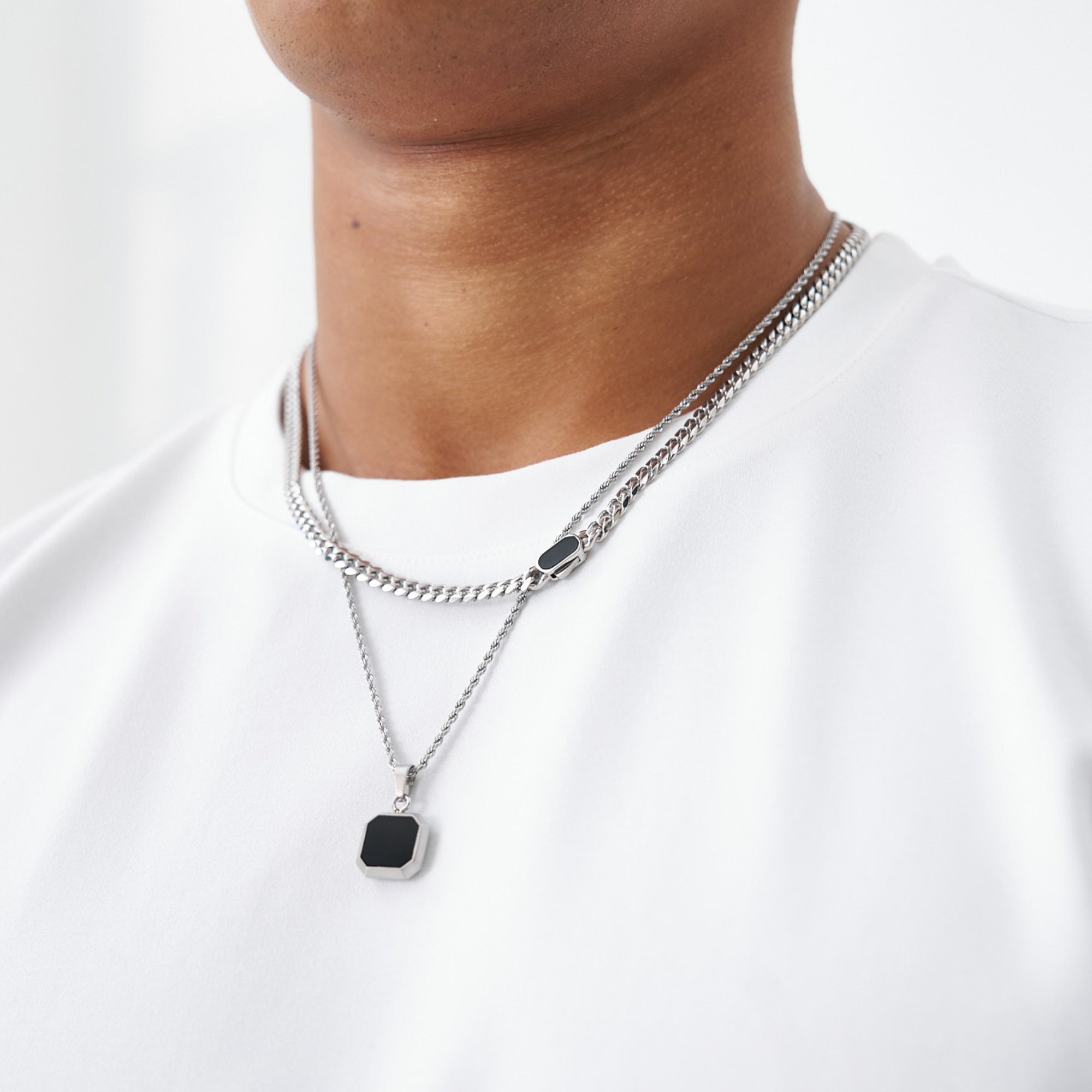 Onyx Cuban Necklace Set (Silver)