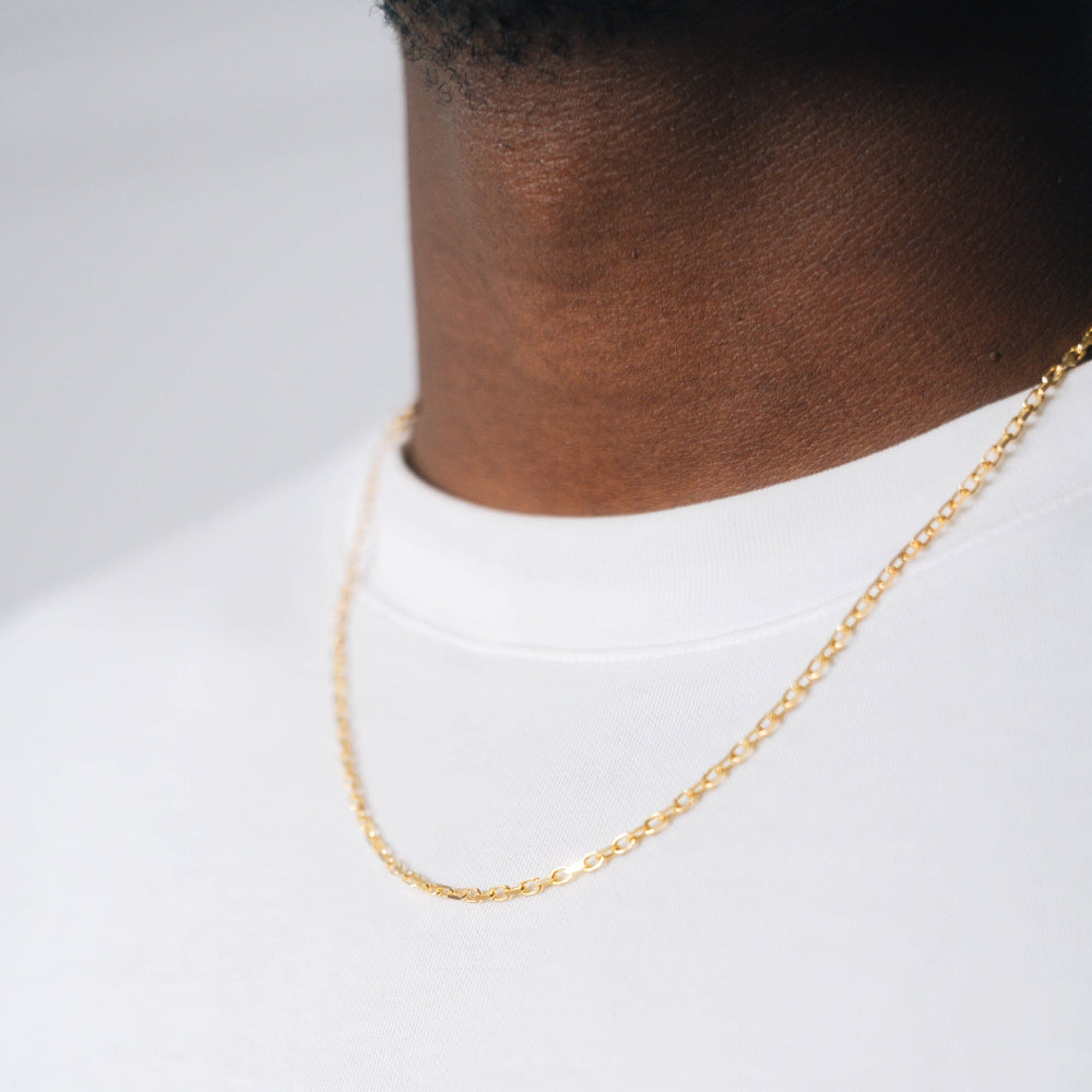 Gold chain necklace on a person wearing a white shirt against a plain background