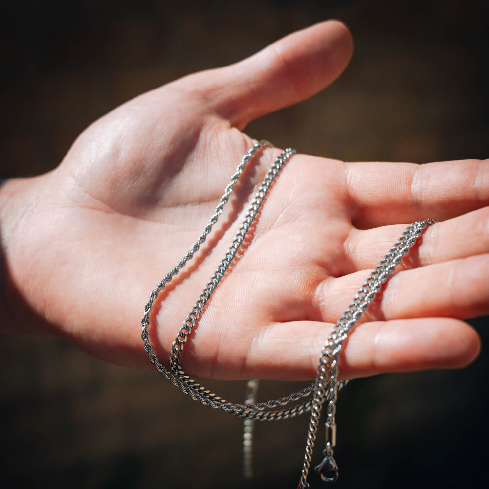 Silver Cuban + Rope Stack Chain Necklace Set For Men By Twistedpendant