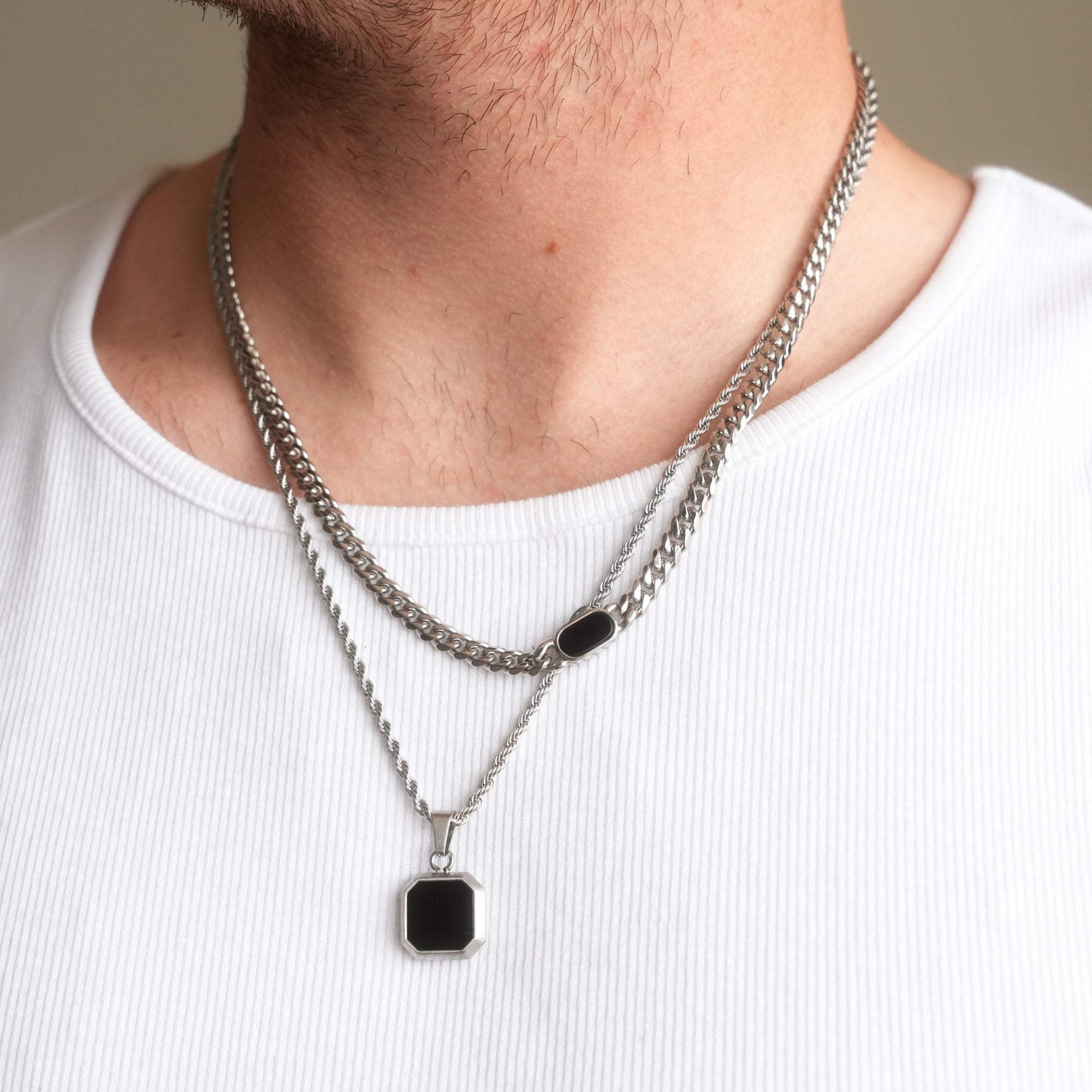 Onyx Cuban Necklace Set (Silver)