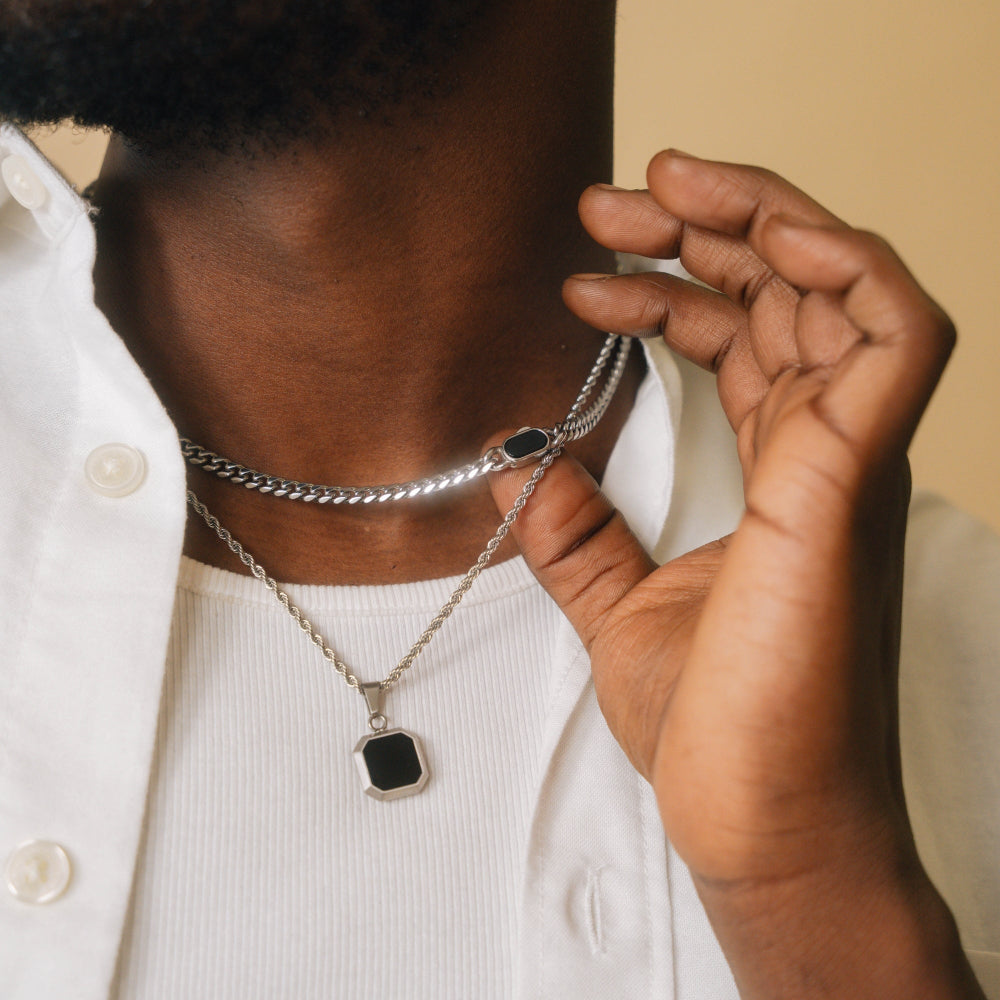 Onyx Cuban Necklace Set (Silver)