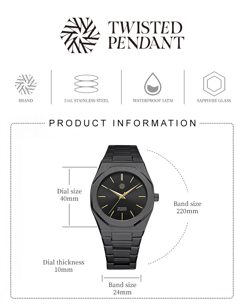 Mens Black & Gold Watch - 316L Stainless Steel Watch - By Twistedpendant
