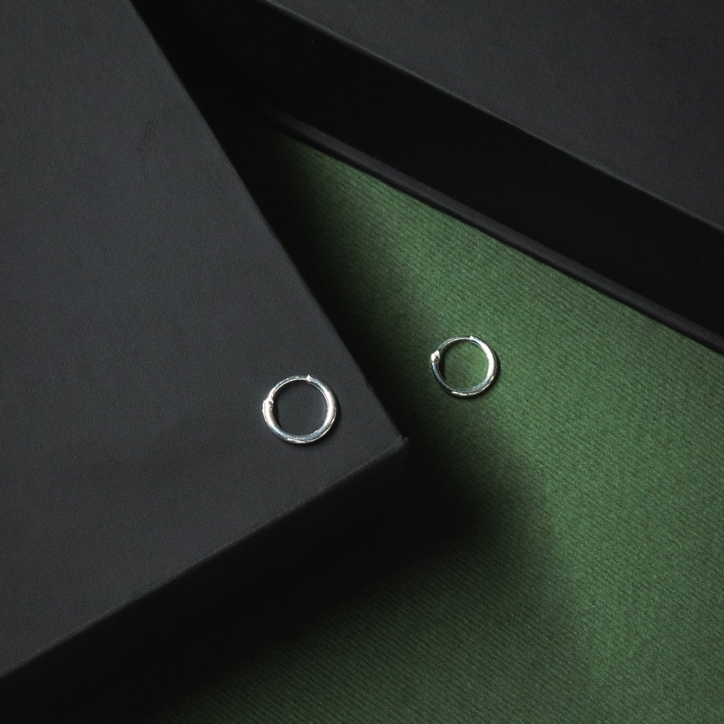 Close-up of two silver rings on a green and black textured surface.
