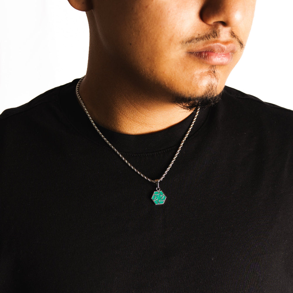 Person wearing a black shirt with a necklace featuring a green pendant on a white background
