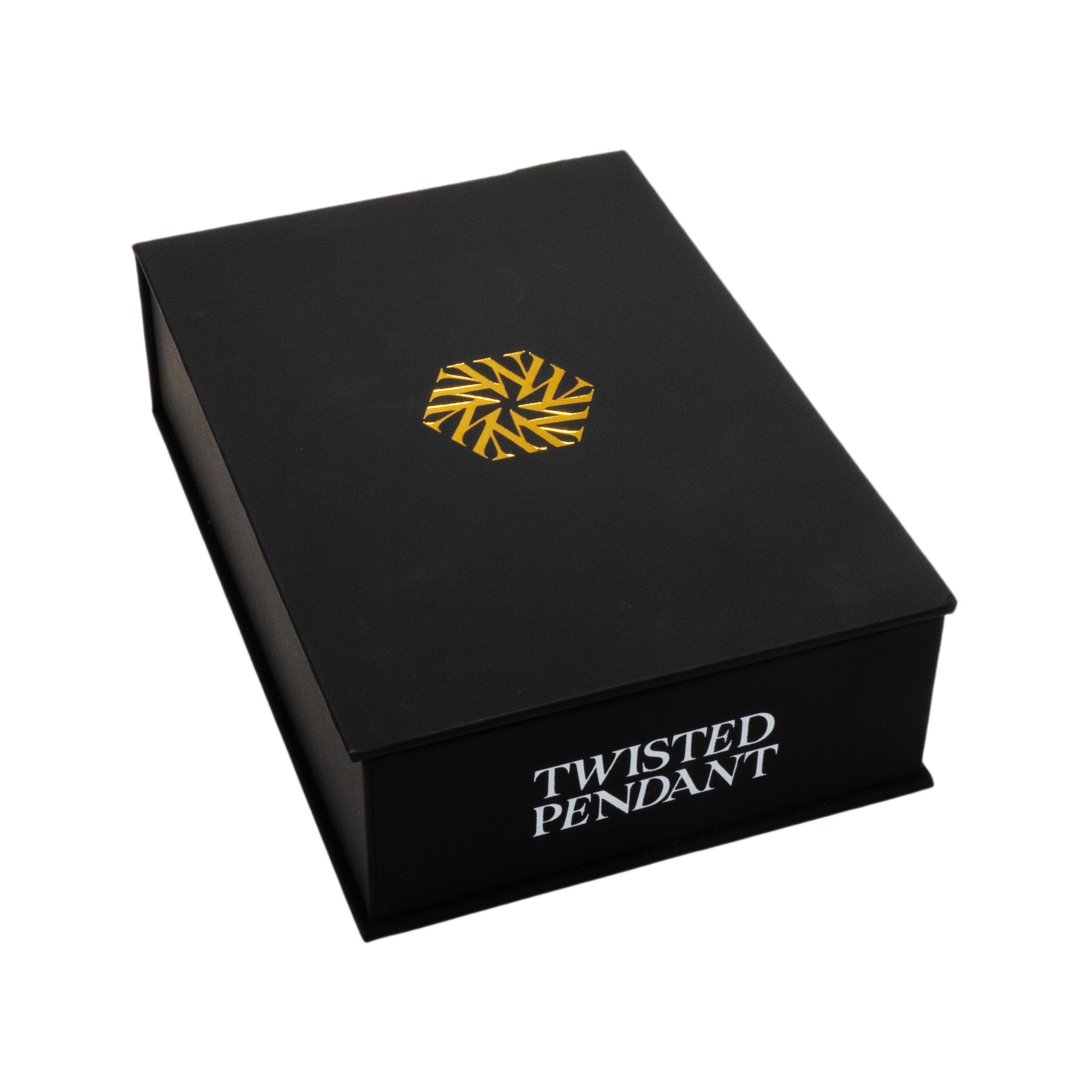 Black box with 'Twisted Pendant' branding and a gold emblem on a white background