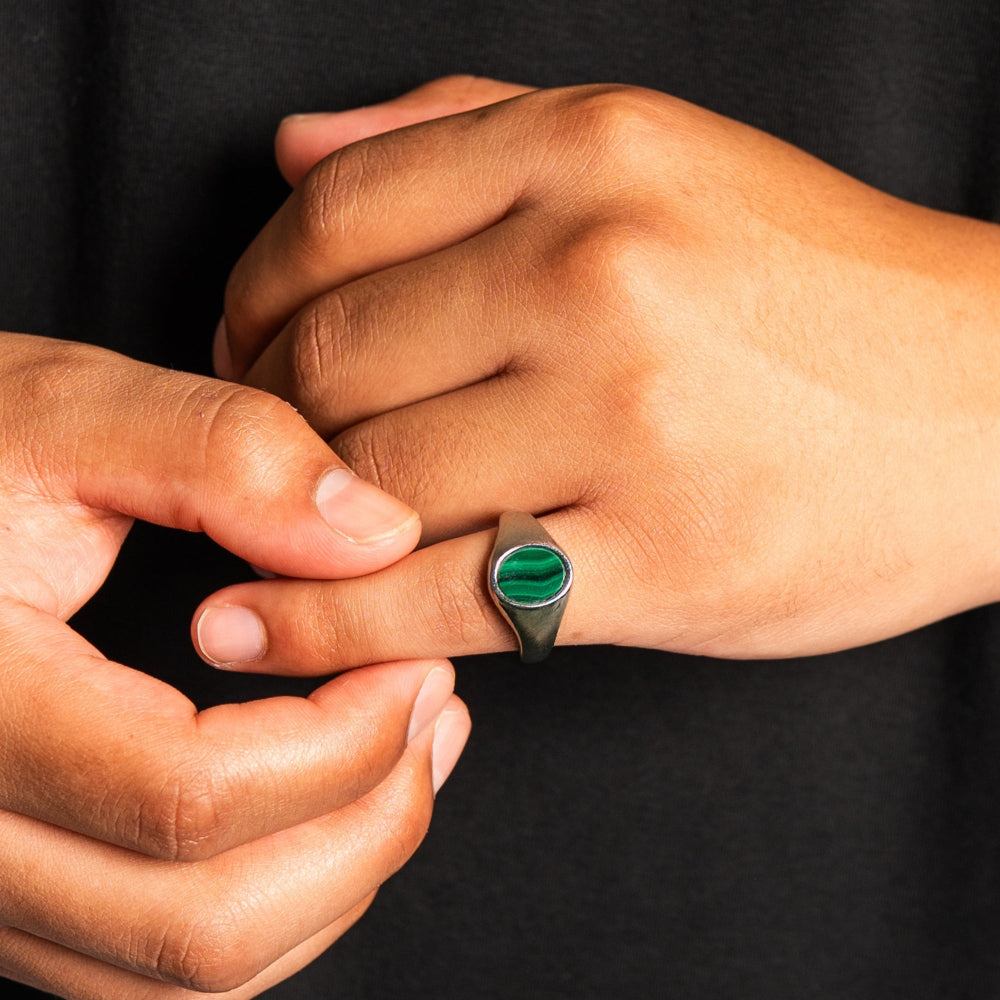 Silver Malachite Gemstone Signet Ring Worn by a man