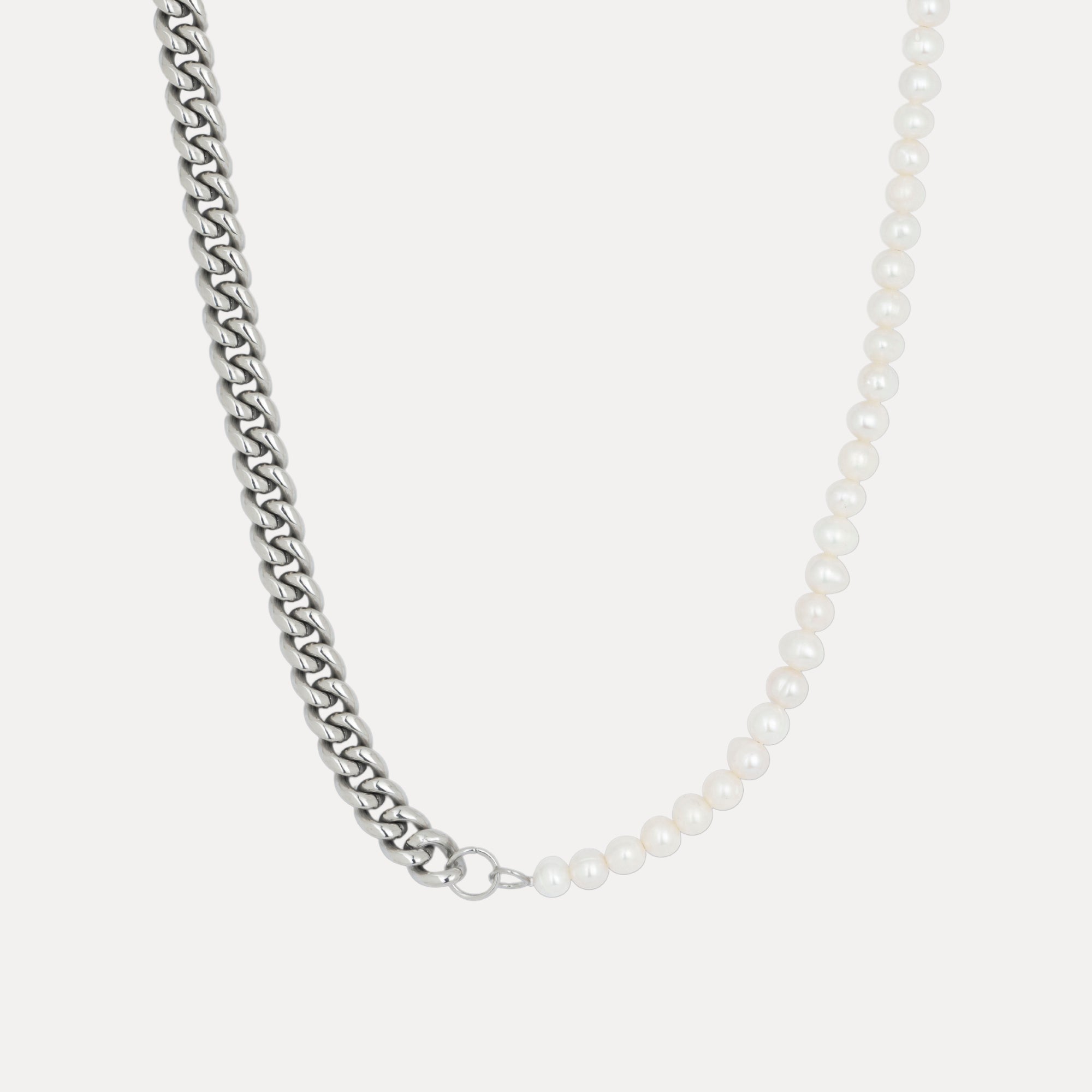 Half Pearl Half Silver Cuban (8MM) - Pearl Necklace Men | Twistedpendant